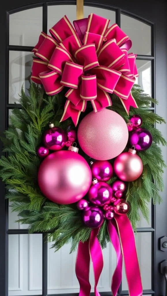 a vibrant holiday wreath hanging on a black-framed glass door. The wreath itself is made of lush, green evergreen branches and is decorated with large, eye-catching pink ornaments of varying shades and finishes, including glossy, glittery, and matte textures. The decorations are complemented by smaller accents like metallic pink and deep magenta ornament shapes.