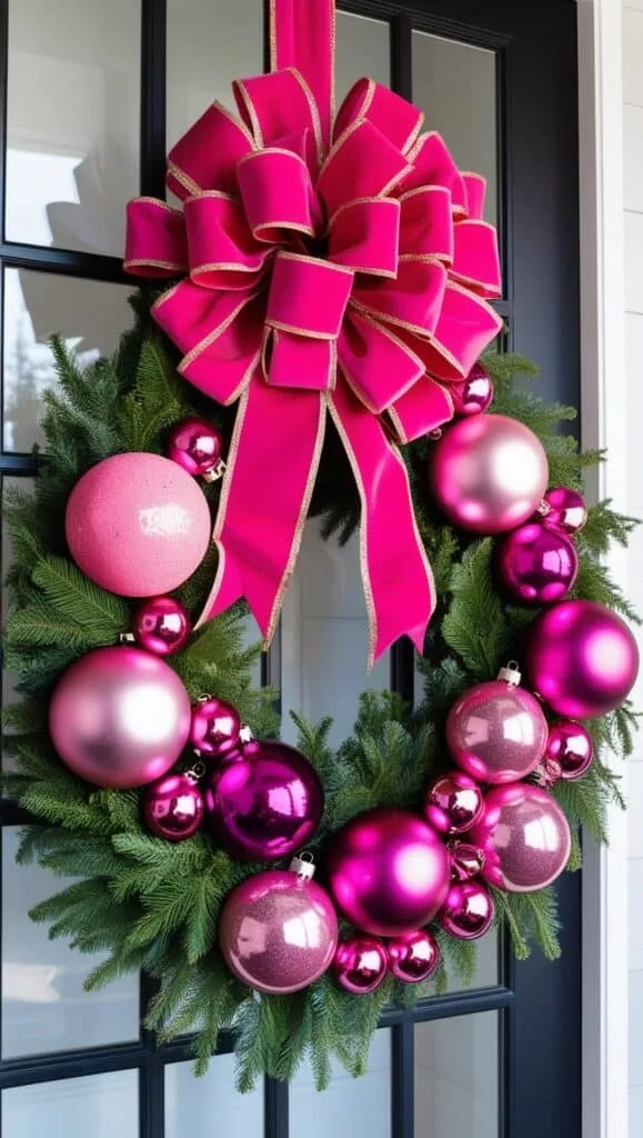 a vibrant holiday wreath hanging on a black-framed glass door. The wreath itself is made of lush, green evergreen branches and is decorated with large, eye-catching pink ornaments of varying shades and finishes, including glossy, glittery, and matte textures. The decorations are complemented by smaller accents like metallic pink and deep magenta ornament shapes.