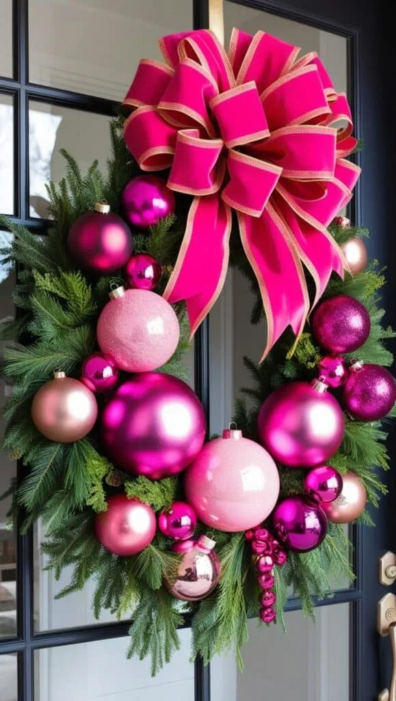 a vibrant holiday wreath hanging on a black-framed glass door. The wreath itself is made of lush, green evergreen branches and is decorated with large, eye-catching pink ornaments of varying shades and finishes, including glossy, glittery, and matte textures. The decorations are complemented by smaller accents like metallic pink and deep magenta ornament shapes.