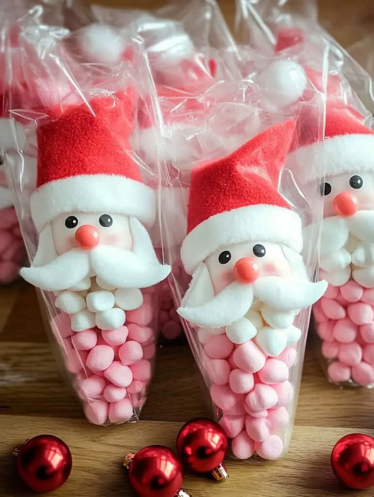 This is a whimsical set of Santa-themed hot cocoa gift bags, perfect for embracing the holiday spirit! Each cone-shaped clear plastic bag is creatively filled with ingredients arranged to resemble Santa's cheerful face. These adorable gift bags are an enchanting way to share the joy of hot cocoa and make delightful treats for loved ones this festive season!