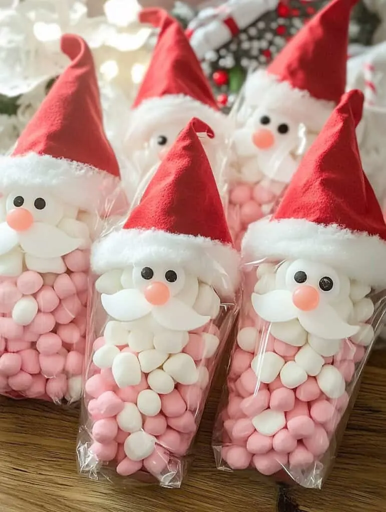 These charming Santa-themed hot cocoa gift bags are perfect for the festive season! Each bag is designed in a cone shape from clear plastic and is filled with ingredients layered to mimic Santa&rsquo;s cheerful face. These delightful treats make for a whimsical gift that spreads holiday joy and warmth, making them a wonderful surprise for friends and family alike!