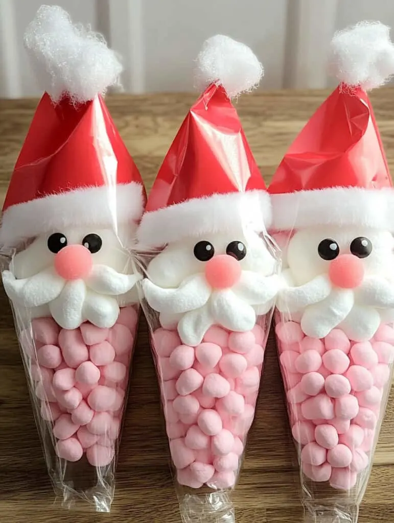 A delightful set of Santa-themed hot cocoa gift bags, ideal for celebrating the holiday season. Each bag features a cone-shaped clear plastic design filled with ingredients artfully arranged to resemble Santa's face, adding a festive touch to your gift-giving. These charming bags make a perfect treat for friends and family, bringing holiday cheer and warmth with every cup of cocoa!