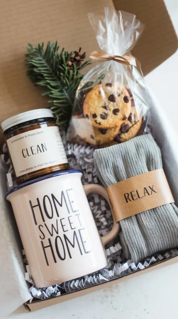 This thoughtfully curated gift box is perfect for cozy holidays or housewarming occasions, filled with items designed to create a warm, welcoming atmosphere. Inside, you'll find a "Home Sweet Home" ceramic mug for enjoying warm beverages, a pack of assorted macarons for a touch of elegance, a small jar candle with a calming "Clean" scent for relaxation, and a pair of thick, warm knit socks to encourage comfort. Additionally, a sprig of evergreen adds a natural, festive touch to enhance the seasonal vibe.