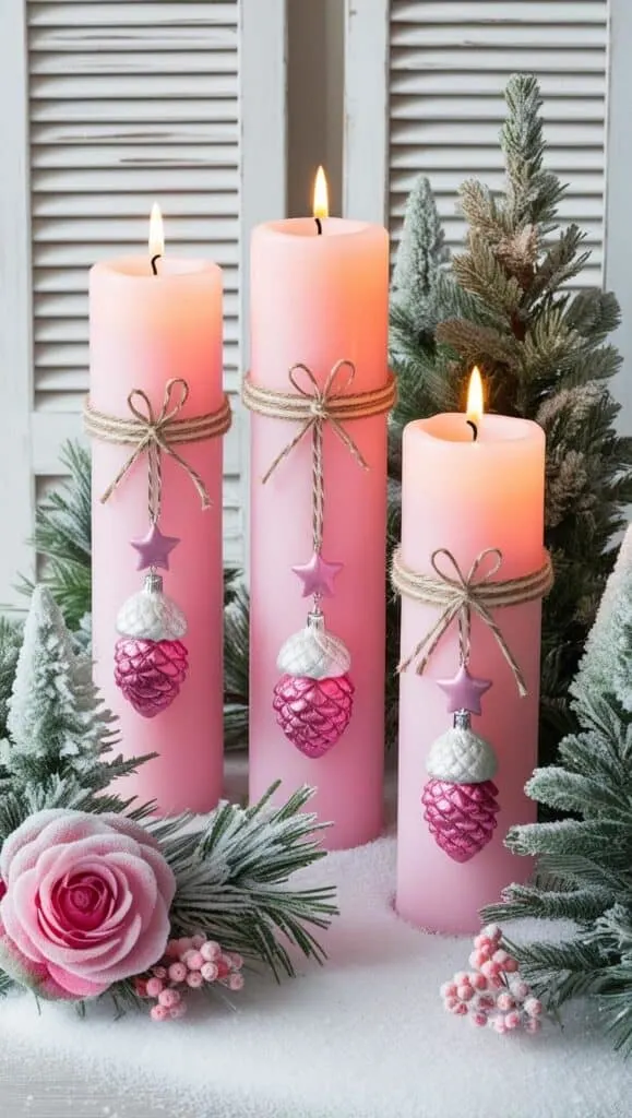 A beautiful and cozy winter-themed arrangement. At the center, there are three pink pillar candles of varying heights, each decorated with twine and delicate holiday ornaments such as pink and silver pinecone-shaped decorations and a small pink star ornament. The candles are lit, casting a warm, soft glow.