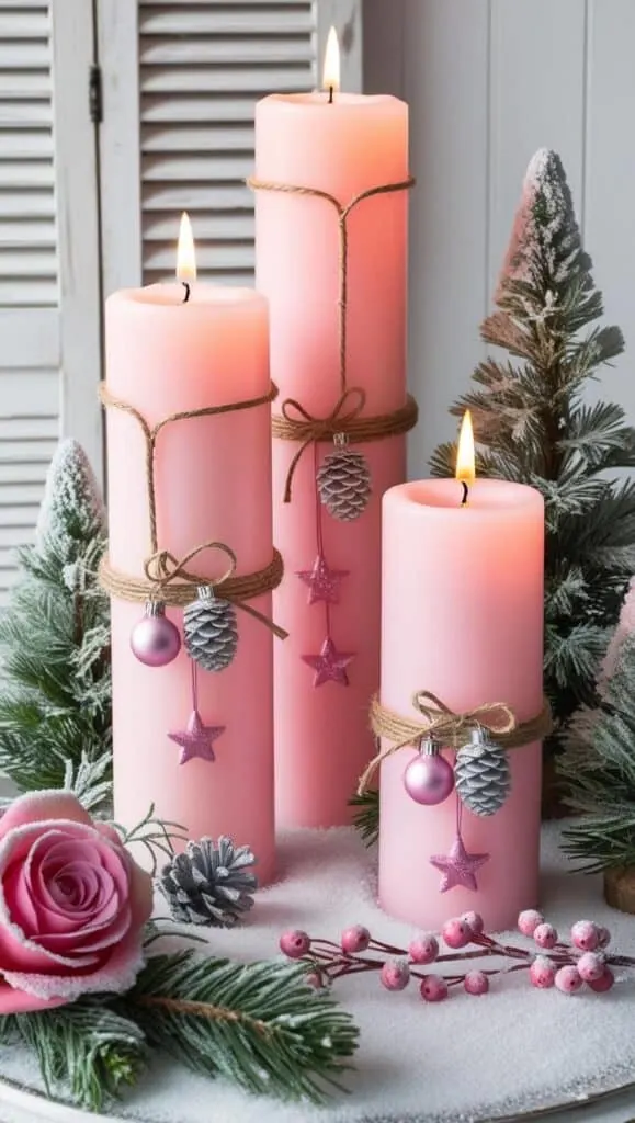 A beautiful and cozy winter-themed arrangement. At the center, there are three pink pillar candles of varying heights, each decorated with twine and delicate holiday ornaments such as pink and silver pinecone-shaped decorations and a small pink star ornament. The candles are lit, casting a warm, soft glow.