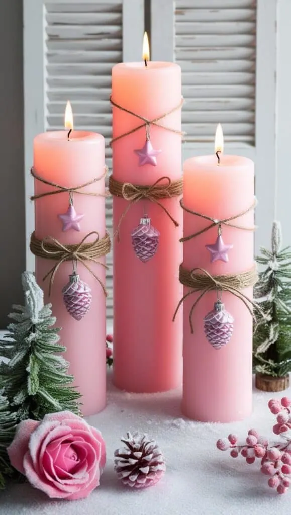 A beautiful and cozy winter-themed arrangement. At the center, there are three pink pillar candles of varying heights, each decorated with twine and delicate holiday ornaments such as pink and silver pinecone-shaped decorations and a small pink star ornament. The candles are lit, casting a warm, soft glow.