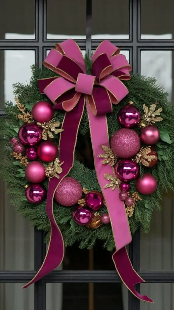 a vibrant holiday wreath hanging on a black-framed glass door. The wreath itself is made of lush, green evergreen branches and is decorated with large, eye-catching pink ornaments of varying shades and finishes, including glossy, glittery, and matte textures. The decorations are complemented by smaller accents like metallic pink and deep magenta ornament shapes.