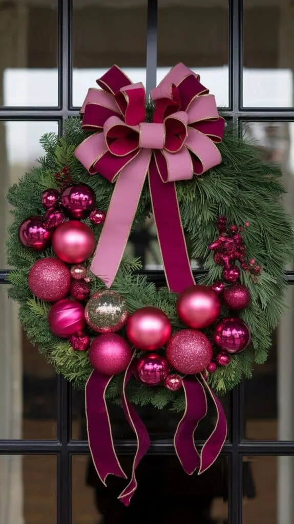 a vibrant holiday wreath hanging on a black-framed glass door. The wreath itself is made of lush, green evergreen branches and is decorated with large, eye-catching pink ornaments of varying shades and finishes, including glossy, glittery, and matte textures. The decorations are complemented by smaller accents like metallic pink and deep magenta ornament shapes.