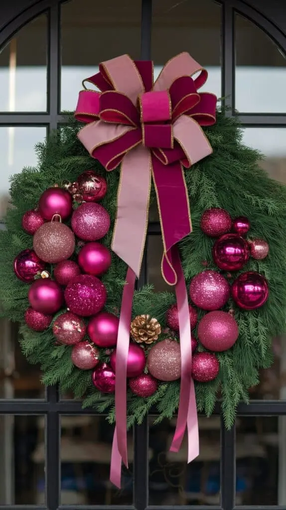 a vibrant holiday wreath hanging on a black-framed glass door. The wreath itself is made of lush, green evergreen branches and is decorated with large, eye-catching pink ornaments of varying shades and finishes, including glossy, glittery, and matte textures. The decorations are complemented by smaller accents like metallic pink and deep magenta ornament shapes.