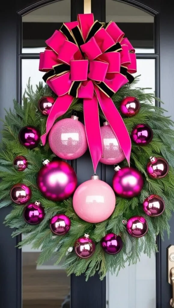 a vibrant holiday wreath hanging on a black-framed glass door. The wreath itself is made of lush, green evergreen branches and is decorated with large, eye-catching pink ornaments of varying shades and finishes, including glossy, glittery, and matte textures. The decorations are complemented by smaller accents like metallic pink and deep magenta ornament shapes.