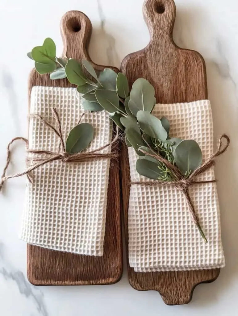 a beautiful and minimalist DIY gift arrangement. Two wooden serving boards are decorated with a folded waffle-knit kitchen towel, tied together with rustic twine, and adorned with a sprig of fresh eucalyptus for a touch of natural greenery.