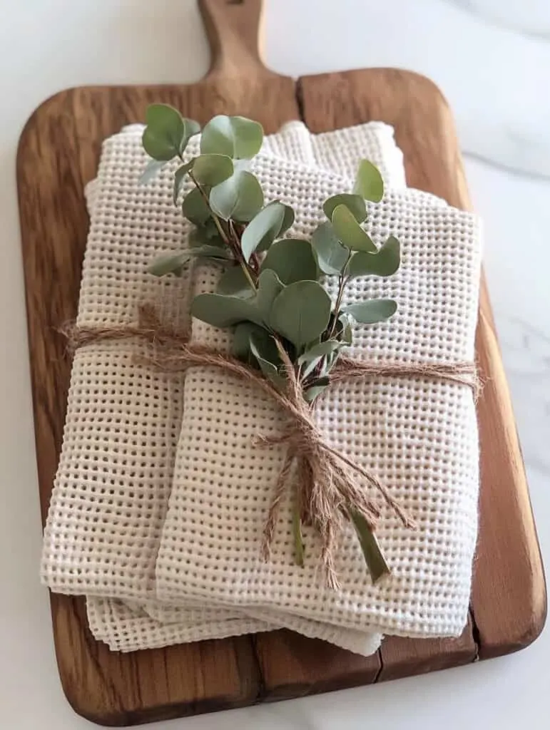 a beautiful and minimalist DIY gift arrangement. Two wooden serving boards are decorated with a folded waffle-knit kitchen towel, tied together with rustic twine, and adorned with a sprig of fresh eucalyptus for a touch of natural greenery.