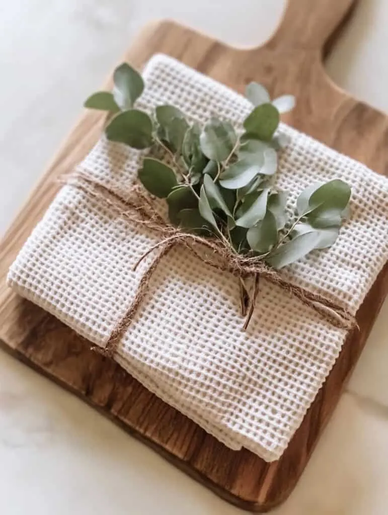 a beautiful and minimalist DIY gift arrangement. Two wooden serving boards are decorated with a folded waffle-knit kitchen towel, tied together with rustic twine, and adorned with a sprig of fresh eucalyptus for a touch of natural greenery.