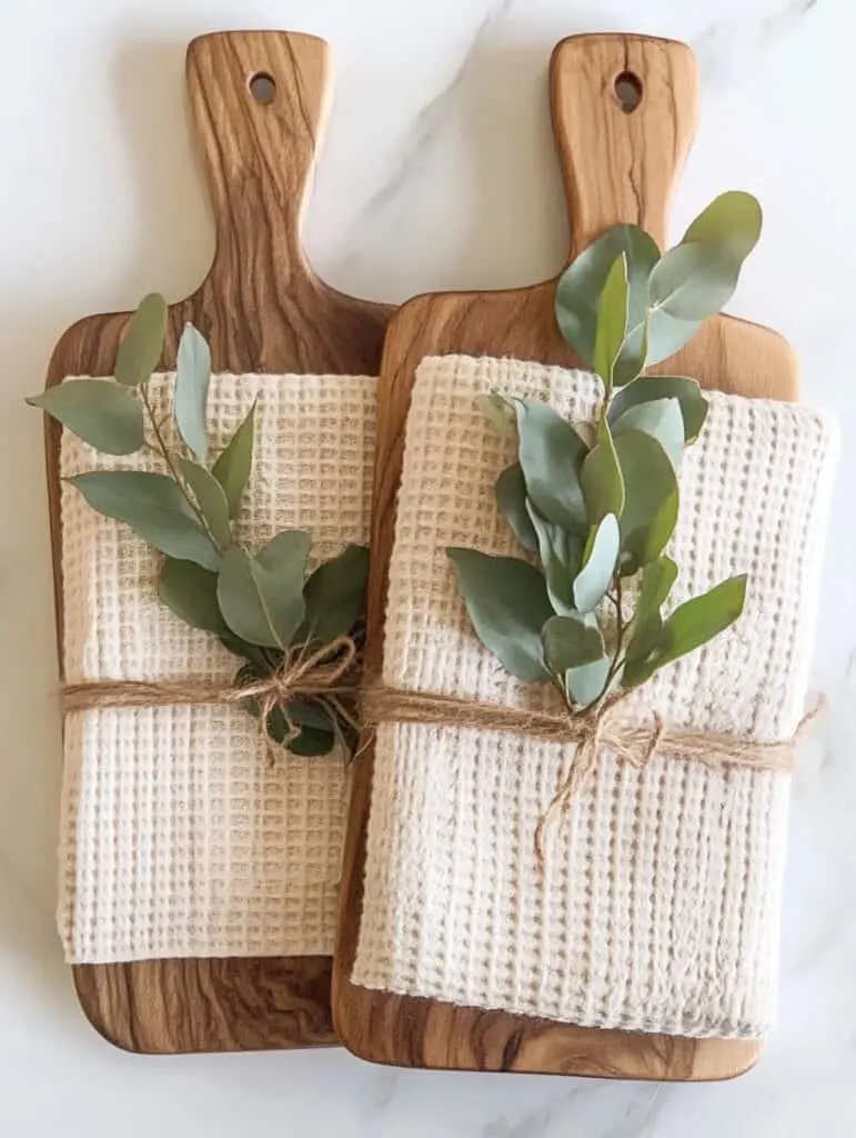 A beautiful and minimalist DIY gift arrangement. Two wooden serving boards are decorated with a folded waffle-knit kitchen towel, tied together with rustic twine, and adorned with a sprig of fresh eucalyptus for a touch of natural greenery.