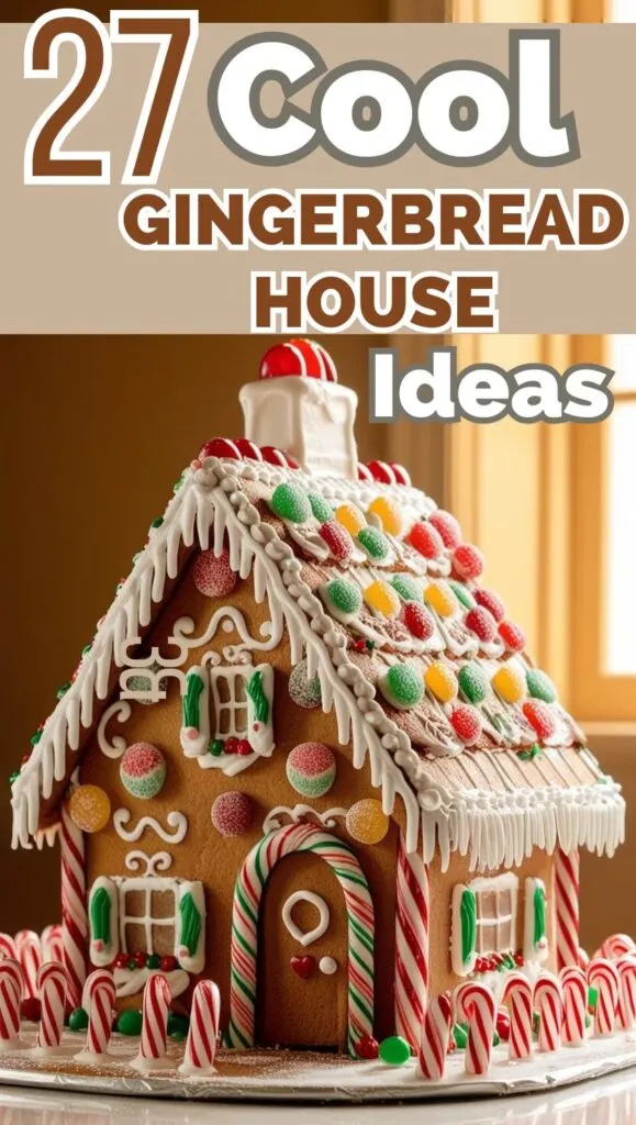 A cool gingerbread house with gumdrops sitting on a table.