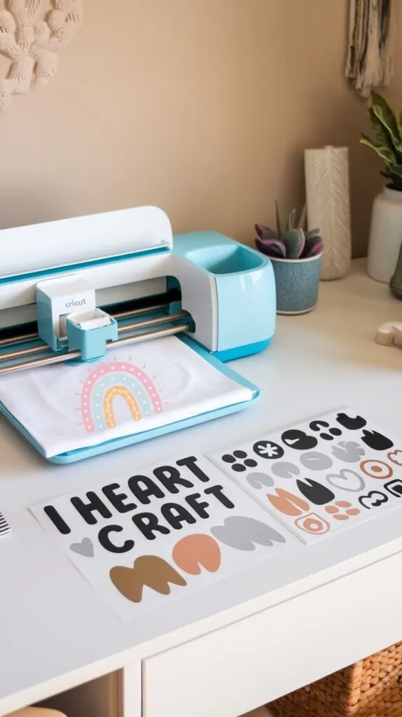 A Cricut machine on a desk. There is a tshirt in it with a boho style rainbow printed on the shirt.