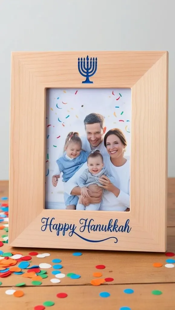 A beautifully crafted wooden photo frame with a light natural finish, featuring a Hanukkah design. The frame holds a cherished family photo with _Happy Hanukkah_ in blue script and a menorah icon etched below it.