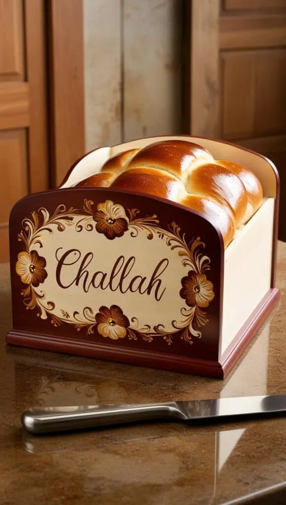 A beautifully painted wooden bread box with _Challah_ written on the front in flowing script. A loaf of freshly baked Challah is half-visible inside the box, alongside a bread knife. The background is a modern kitchen.