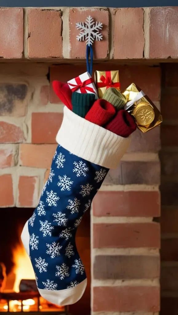 A blue and white stocking with silver accents hanging by a fireplace. It’s stuffed with cozy socks, small gifts, and chocolate coins wrapped in gold foil.