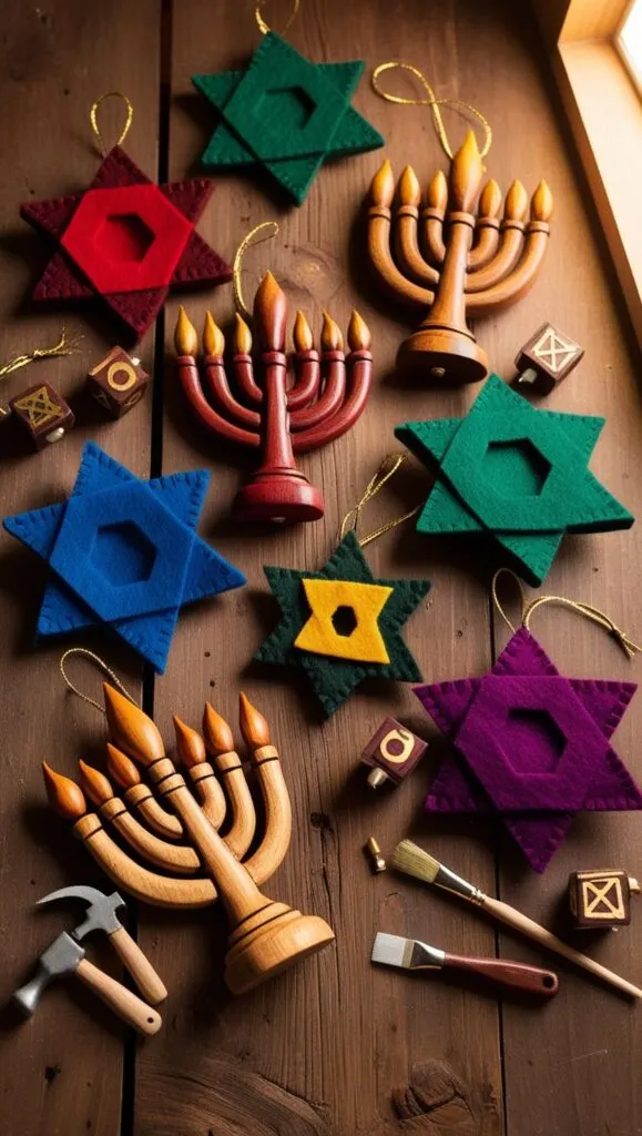 A collection of handcrafted ornaments made from wood and felt. Designs include menorahs, dreidels, and Stars of David, displayed on a tabletop with crafting tools nearby.