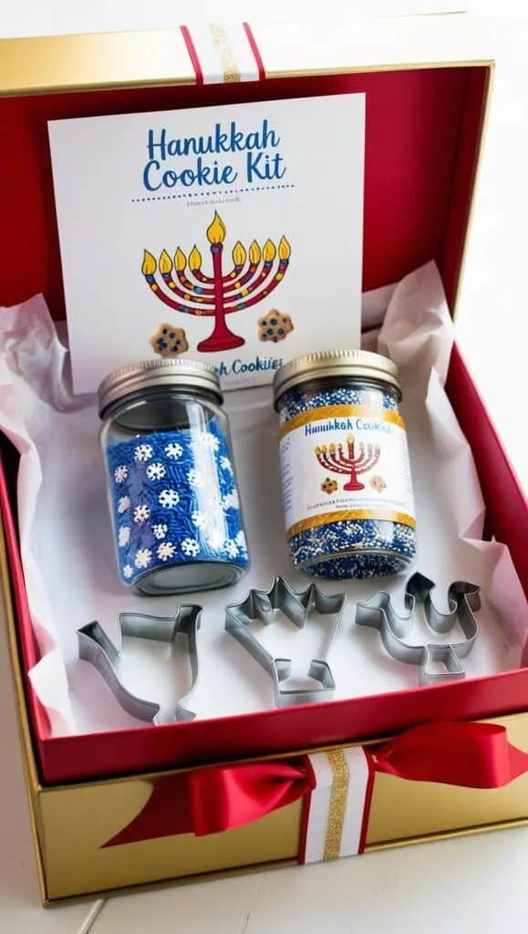 A neatly arranged kit with cookie cutters in menorah and dreidel shapes, a jar of blue and white sprinkles, and a printed cookie recipe. The items are placed in a festive box with tissue paper.