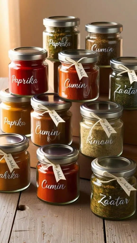 A set of small glass jars filled with vibrant spice blends like paprika, cumin, and za'atar. Each jar has a custom label.