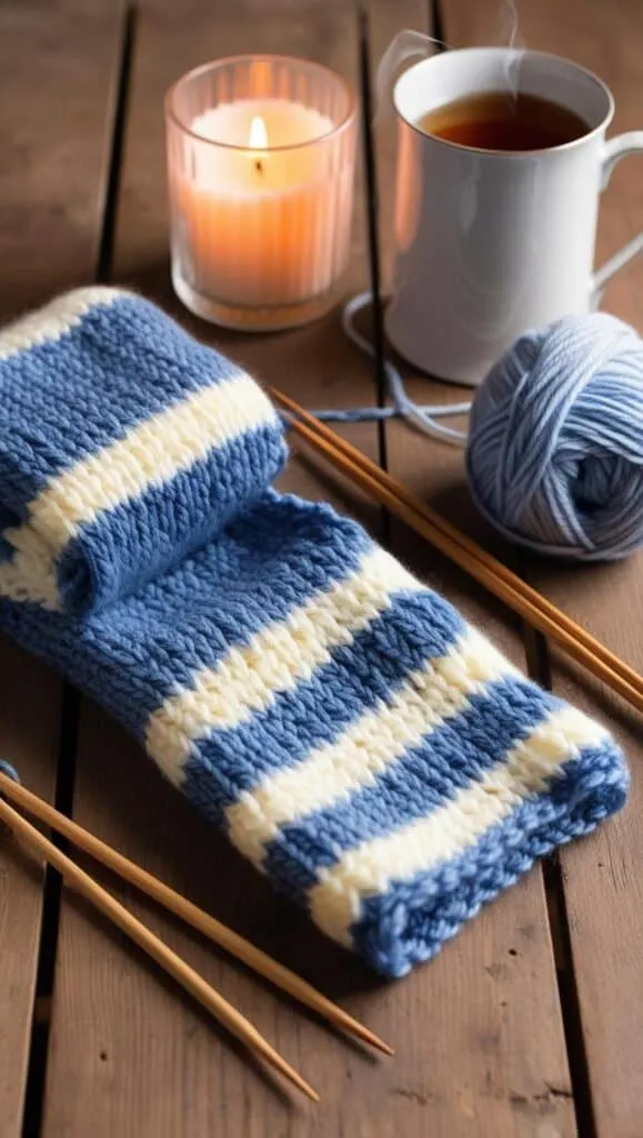 A soft, blue-and-white knitted scarf folded neatly beside a skein of yarn and knitting needles. The scene is cozy, with a lit candle and a cup of tea in the background.