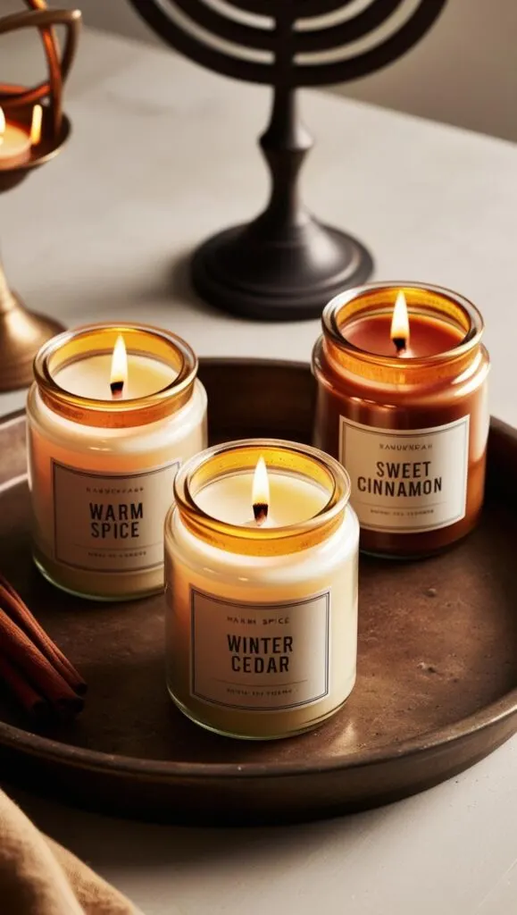 A trio of candles in glass jars, with golden beeswax tops and labeled with festive Hanukkah scents like _Warm Spice_ or _Winter Cedar._ They sit on a wooden tray with a menorah in the background.