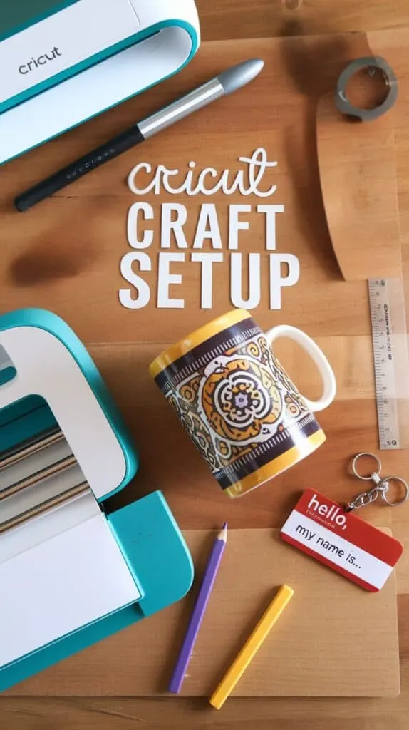 DIY mug made with a Cricut machine on a wooden table.