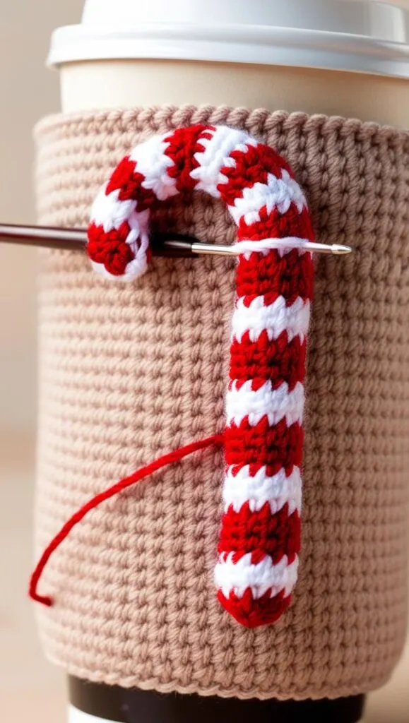 A crochet candy cane getting attached to a coffee cozy with a crochet needle.