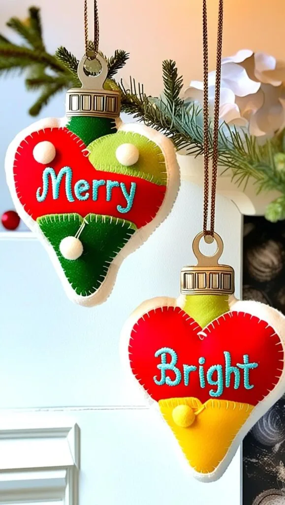 Felt Heart Ornaments in the theme of classic christmas bulb lights with the words MERRY & BRIGHT
