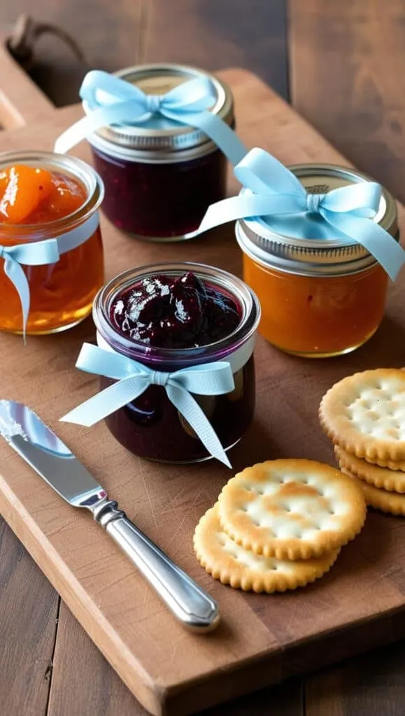 Small glass jars filled with vibrant jams, such as fig and apricot, tied with blue ribbons. The jars sit on a wooden cutting board with crackers and a spreader knife nearby.