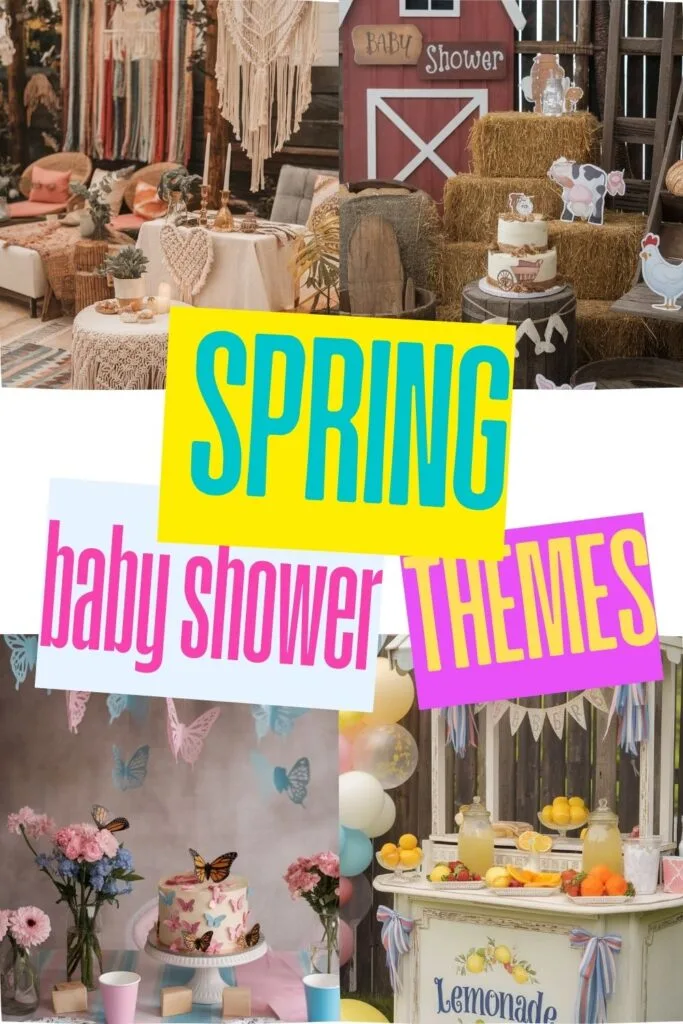 A collage of spring baby shower themes featuring four unique setups: a boho-inspired macrame and candlelit table, a rustic farm-themed baby shower with hay bales and barn decor, a pastel butterfly-themed dessert table with flowers and cake, and a vibrant lemonade stand with colorful balloons, fresh fruits, and lemonade pitchers. The words “Spring Baby Shower Themes” are prominently displayed in bold, colorful typography.