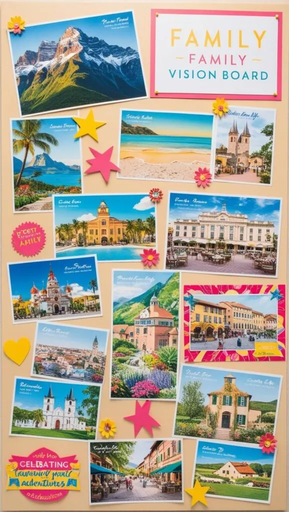 A Family Vision Board with postcards of places that you want to travel to as a family to celebrate milestones like a graduation, an anniversary or a birthday.