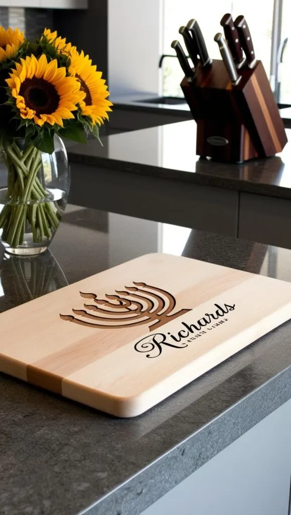 A personalized cutting board engraved with a menorah design and the family name _Richards_, on a kitchen counter. The background is a modern kitchen design with a vase of flowers and a knife block.