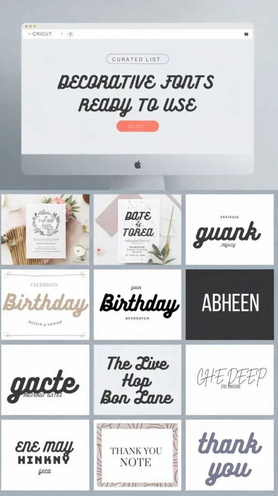 A curated list of decorative fonts ready for Cricut projects displayed on a computer screen.