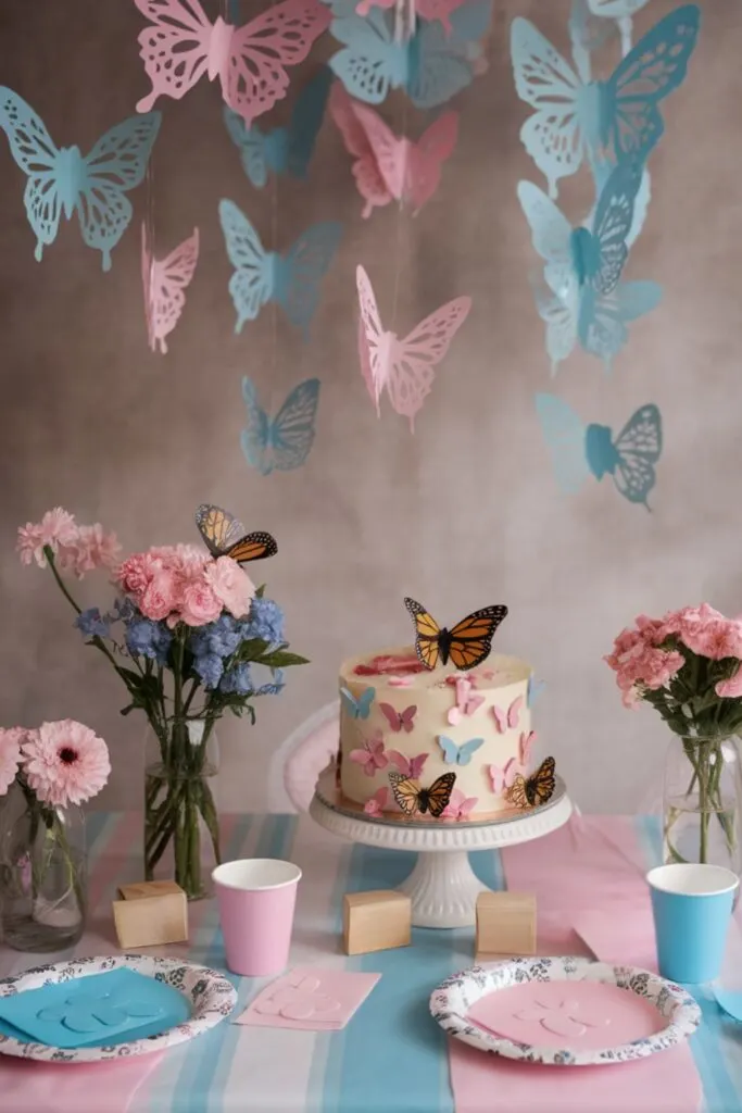 A beautifully decorated spring-themed party table featuring a pastel butterfly motif. Pink and blue paper butterflies are suspended in mid-air, creating a whimsical backdrop. A centerpiece cake adorned with pink and blue butterfly decorations, along with realistic orange monarch butterflies, sits on a white cake stand. The table is set with matching pastel pink and blue paper plates, cups, and napkins, each embellished with embossed butterflies. Fresh floral arrangements of pink and blue flowers in glass vases are placed around the table, complementing the butterfly theme. A soft pink and blue striped tablecloth ties the decor together, giving a dreamy, elegant atmosphere.
