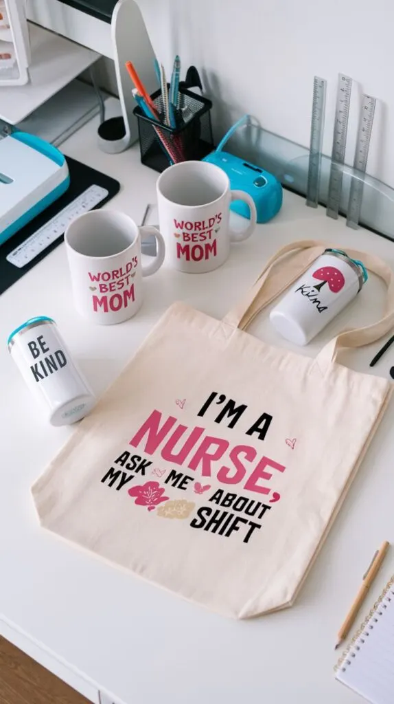 A collection of personalized gifts including a tote bag and mugs, showcasing creative designs.