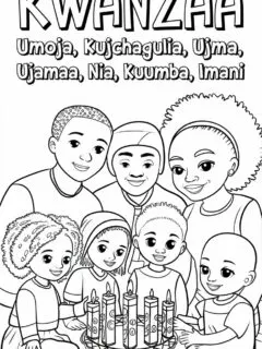 Coloring page featuring children celebrating Kwanzaa with candles and traditional symbols.