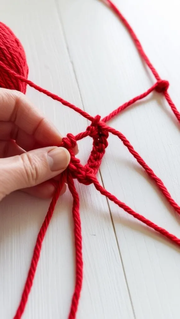 A hand making a slip knot out of red yarn.