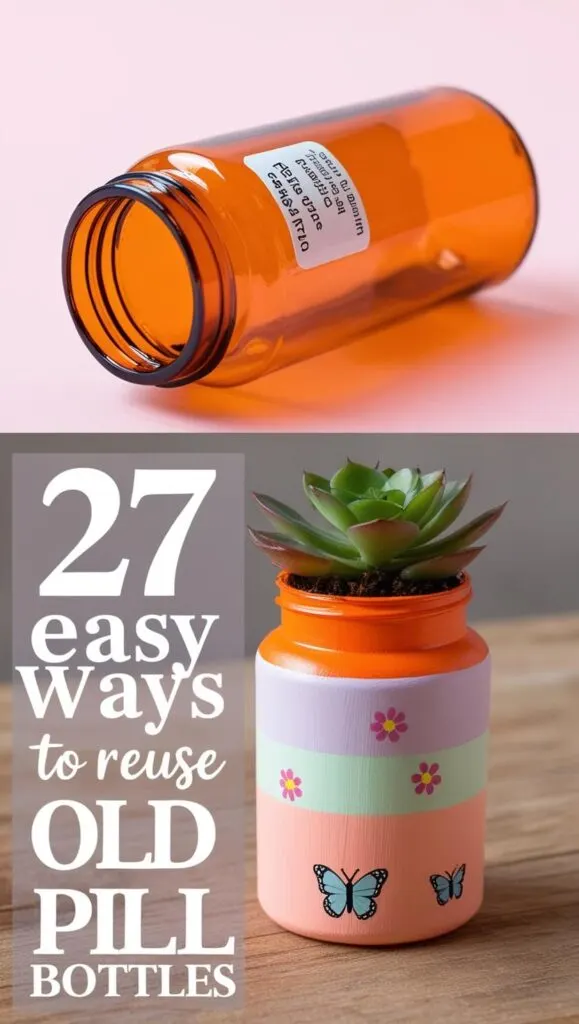 a collage of two images about an old pill bottle and a painted pill bottle in pastel shades with tiny succulents planted inside, displayed on a windowsill.