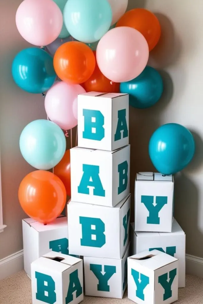 pink, blue, white, teal, and orange balloons and white cardboard boxes with the word BABY spelled across them. The boxes are made to look like baby block decorations stacked in a corner