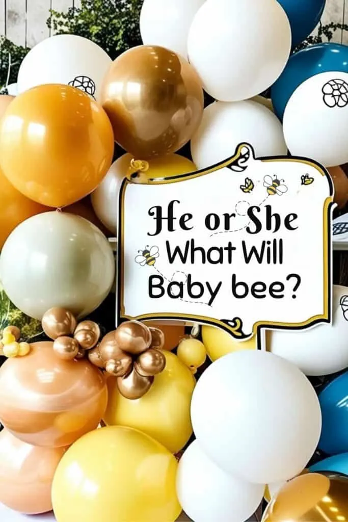 A colorful banner with the text 'He or She?' surrounded by pink, white and gold balloons.