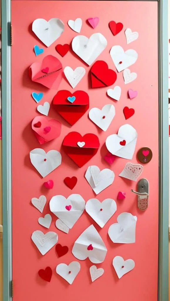 A pink door decorated with a red and white hearts hanging.