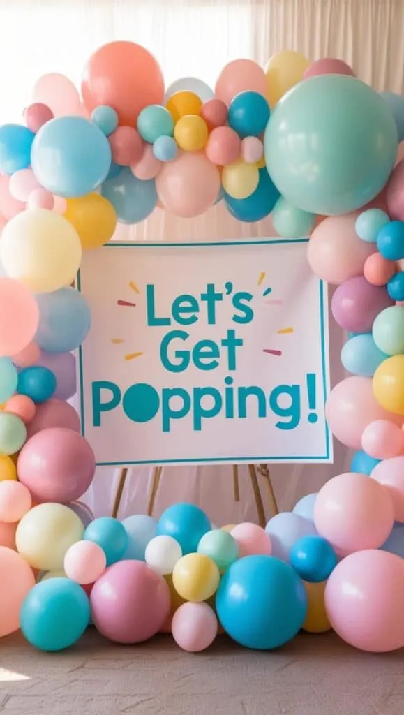 A colorful banner with the text 'Lets Get Popping' surrounded by pink, purple, yellow and blue balloons.