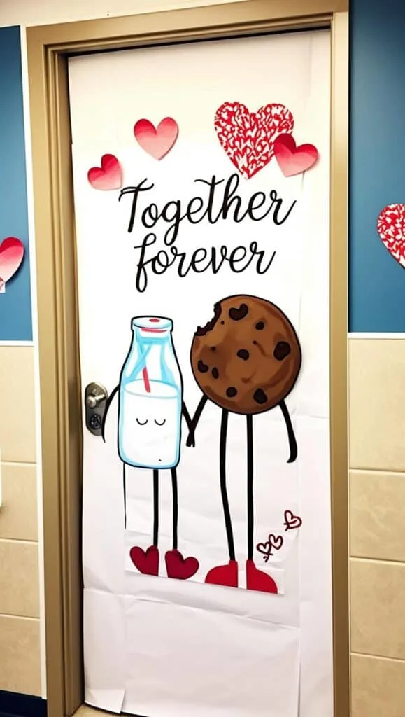 A classroom door decorated for Valentine&rsquo;s Day with a paper milk bottle and cookie holding hands, captioned "Together Forever."