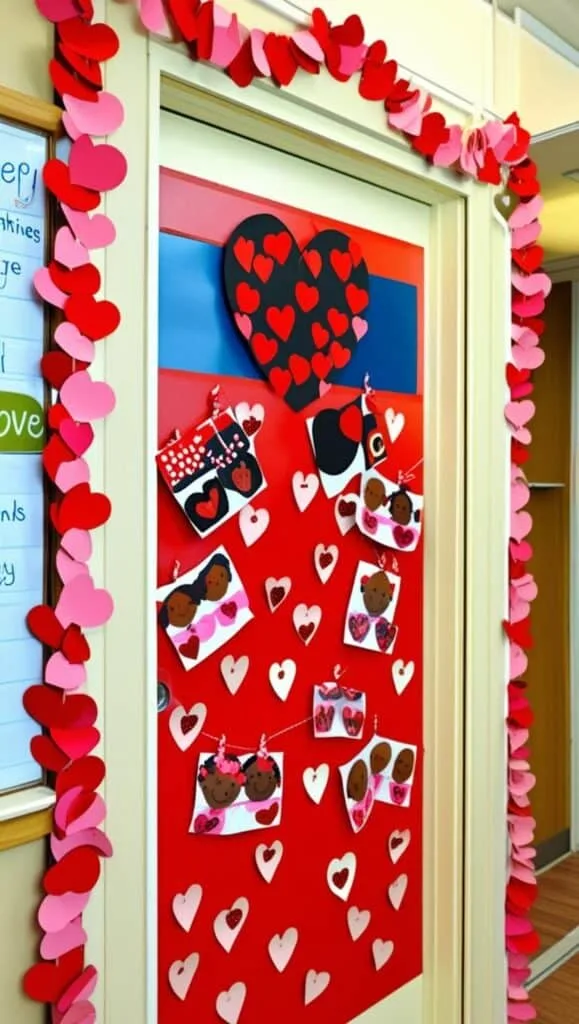 A red Valentine&rsquo;s Day door with heart-shaped paper garlands and child artwork hanging.