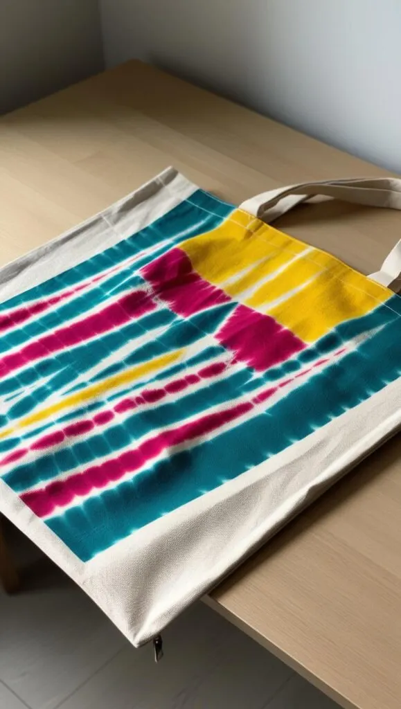 a modern geometric tie dye design featuring sharp lines and contrasting colors on a tote bag. The bag is sitting on a light-colored desk.