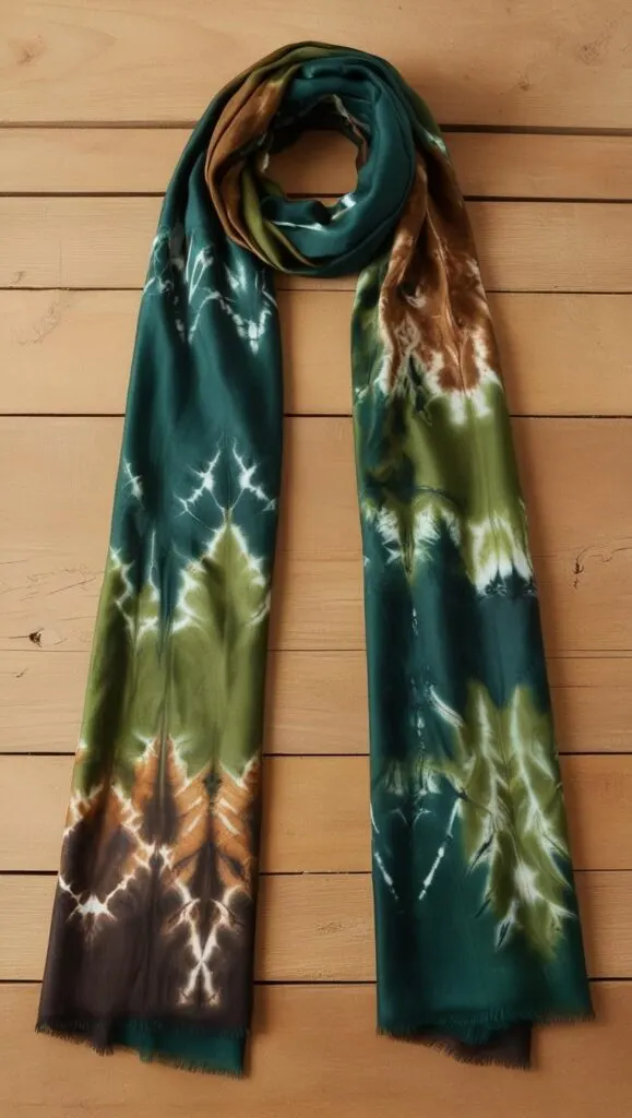 Nature inspired tie dye pattern featuring greens and browns reminiscent of trees and foliage.