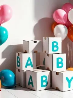 Pink, blue, white, teal, and orange balloons and white cardboard boxes with the word BABY spelled across them. The boxes are made to look like baby block decorations stacked in a corner